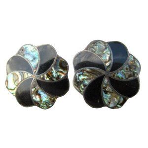 Sterling Abalone Onyx Inlay Screw Back Earrings Vintage